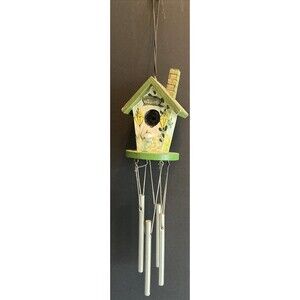 Vintage Wind Chime Hand Painted Bird House Small Yellow Green